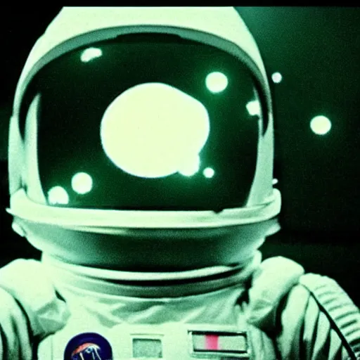 Prompt: glowing skeletal astronaut, 1 9 6 0 s, color bleed, video compression, video glitch, monochrome, akira kurosawa, mamoru oshii, wes anderson, stanley kubrick