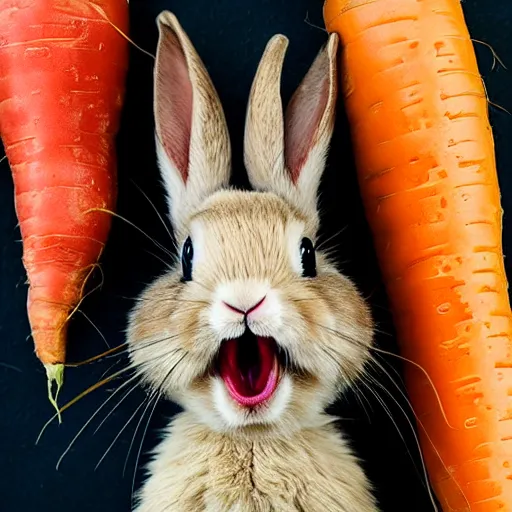 Prompt: a photo of an adorable rabbit screaming in rage at a carrot that looks mildly offended