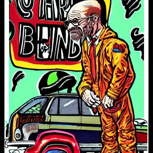 Image similar to The Artwork of R. Crumb and his Cheap Suit Breaking-Bad-Walter-White meth-lab, wearing a bio-hazard suit pencil and colored marker artwork, trailer-trash lifestyle