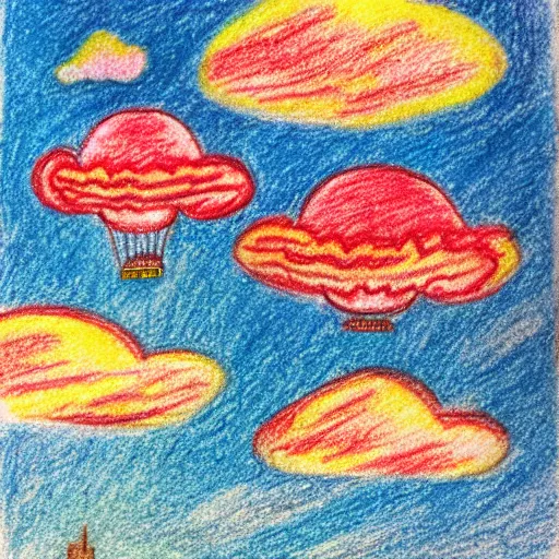 Prompt: 3 hot air balloons flying in the night sky above a city, crayon drawing