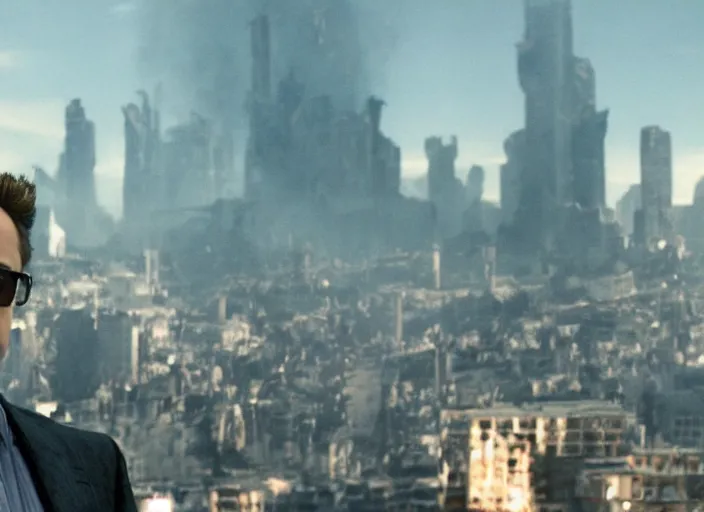 Prompt: film still of Robert Downey Jr as Cobb with the city crumbling in the background in Inception, 4k