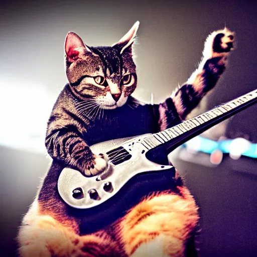 Image similar to a Cat playing a guitar in a heavy metal concert