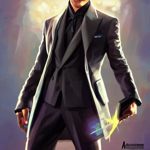 Prompt: character concept portrait, symmetrical head-on centralized, Young man with blue-tinted sunglasses, formal black suit. Detailed, high quality, dynamic lightning, fantasy. Artwork by Artgerm, WLOP, Alex Ross, Greg Rutknowski, Alphonse Mucha