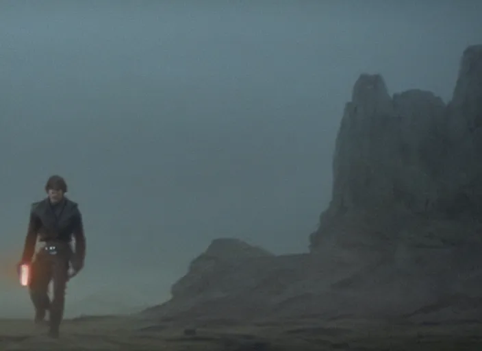 Image similar to epic still of Han Solo using lightsaber in foggy environment, approaching an ancient temple in the distance, iconic scene from the 1980s film directed by Stanley Kubrick, cinematic lighting, kodak film stock, strange, hyper real, stunning moody cinematography, with anamorphic lenses, crisp, detailed portrait, 4k image