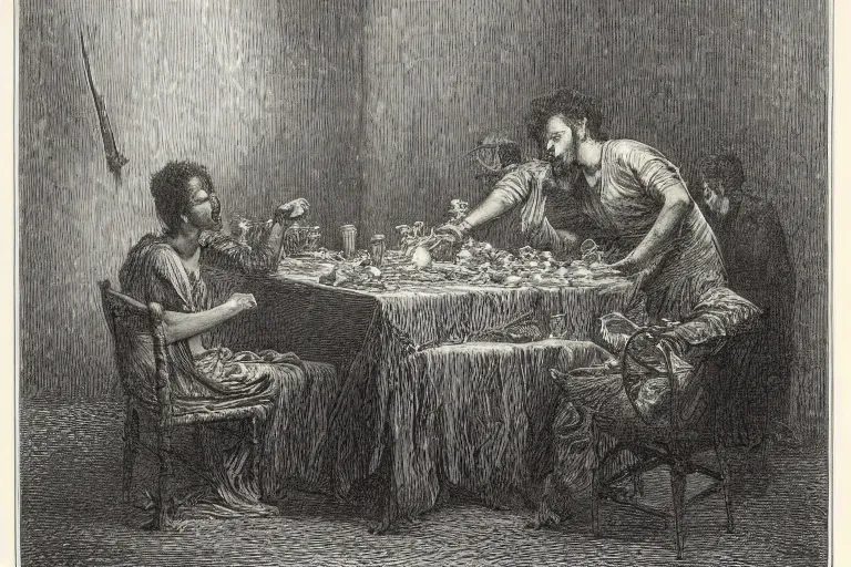 Image similar to taking knife rips, Gustave Dore lithography