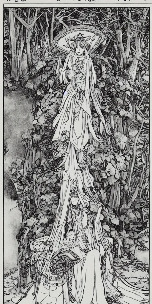 Image similar to an highly detailed magical empress sitting by herself on a sofa in a forest wearing a white robe drawn by cloverworks studio, excellent line work ,elegant and beautiful, tarot card, Tarot card the empress