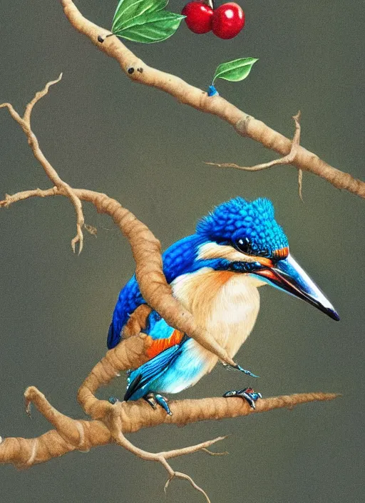 Prompt: a kingfisher sitting on a cherry playing the flute