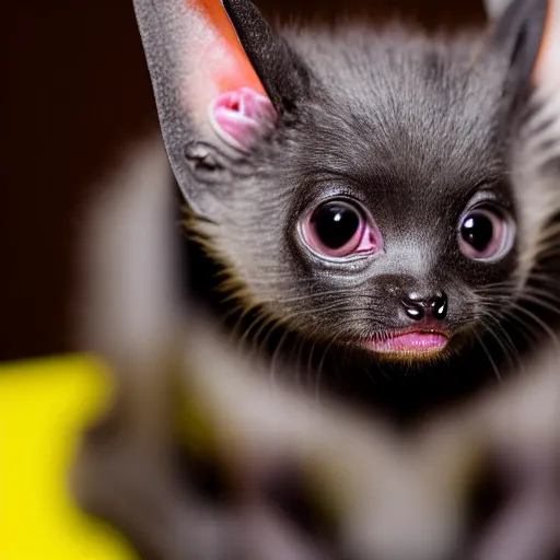 Image similar to a photo of a cute bat kitten, sitting on a chair, photo taken by a nikon, very detailed, 8k