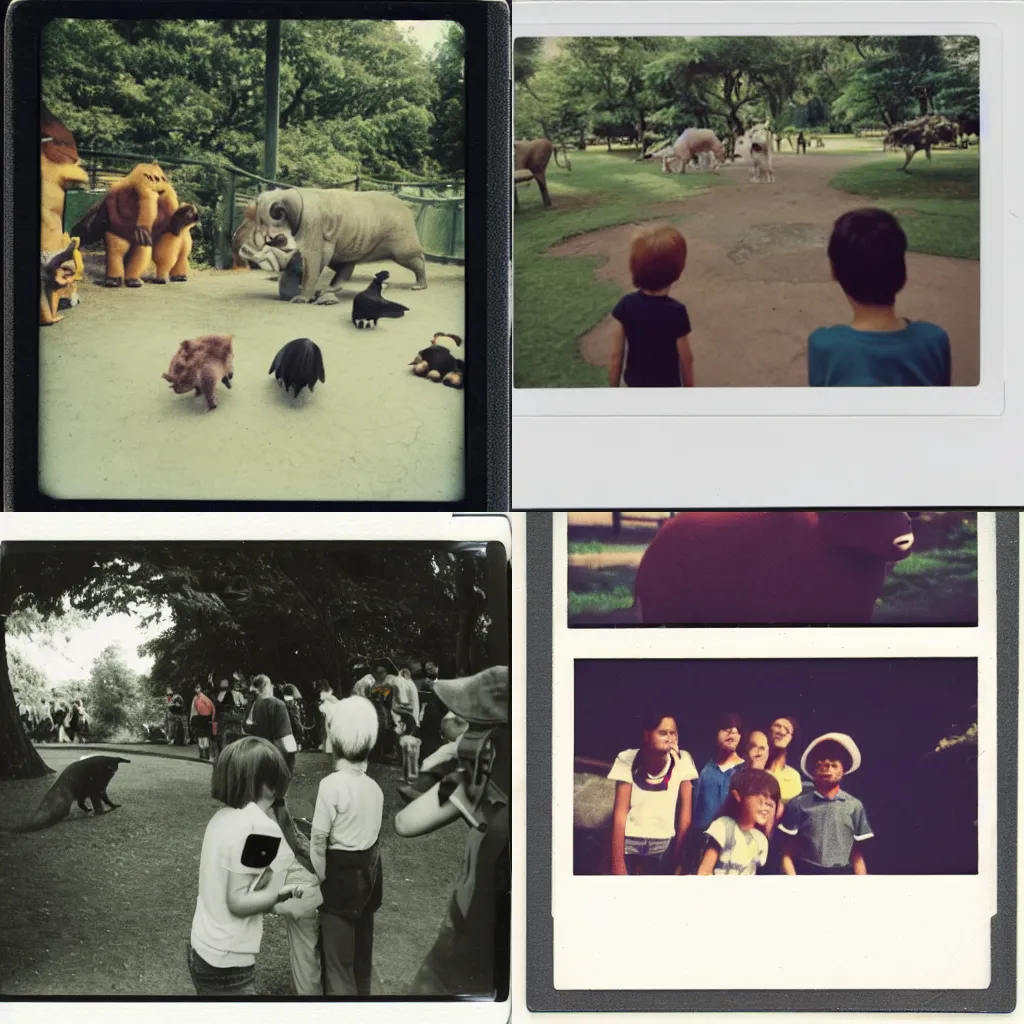 Prompt: A polaroid photo of pokemons in a Zoo being watched by visitors