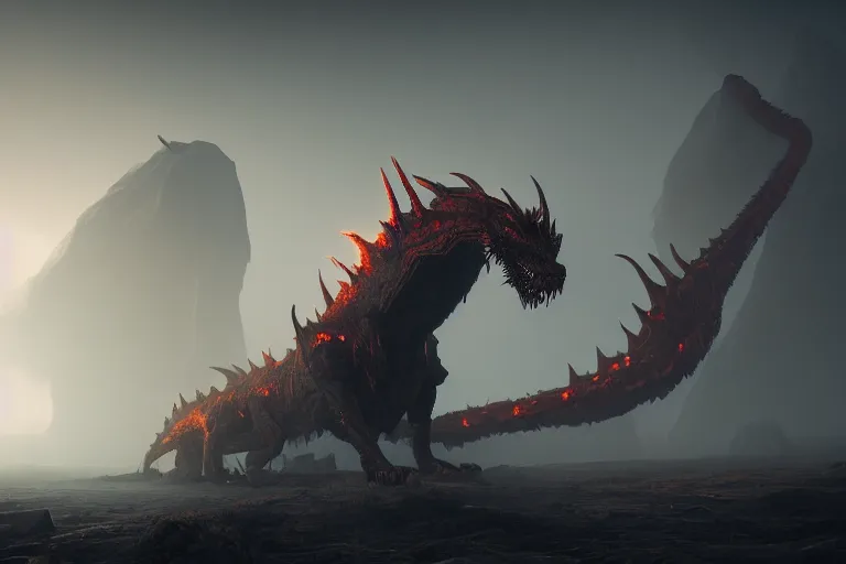 Prompt: amplified ritual engine, closeup portrait of a colossal monster dragon shrouded in fog, dramatic lighting, unreal engine, cgsociety, artstation, 4k