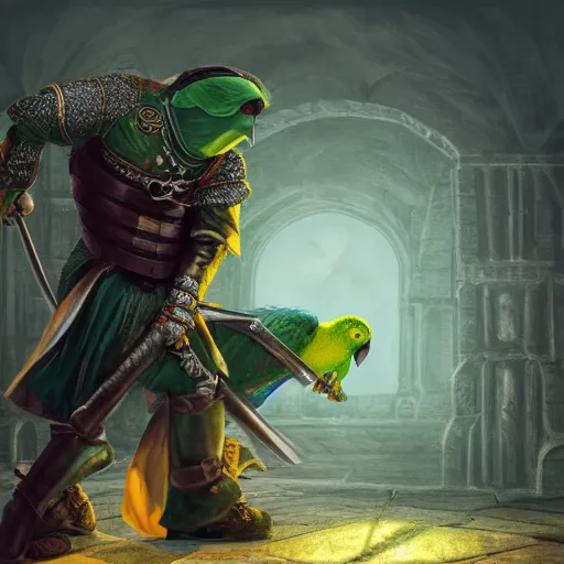 Prompt: Giant green Quaker parrot fights with medieval knight with sword. Enchained, restrained. Bloom, volumetric lighting. Fantasy, digital painting, HD, 4k, detailed.