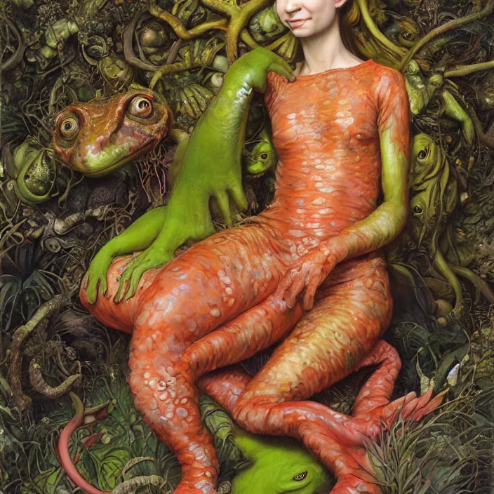 Image similar to a portrait photograph of mia wasikowska as a brightly colored satyr amphibian hybrid with wet mutated skin. wearing a catsuit many body modifications. by tom bagshaw, donato giancola, hans holbein, walton ford, gaston bussiere, brian froud, peter mohrbacher and magali villeneuve. 8 k, cgsociety