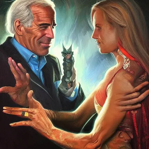 Image similar to Beautiful face Portrait of Jeffrey Epstein and Joe Biden and devil Lucifer drinking together, powerful , magic, thunders, dramatic lighting, intricate, wild, highly detailed, digital painting, artstation, concept art, smooth, sharp focus, illustration, art by artgerm and greg rutkowski and alphonse mucha, footage from space camera