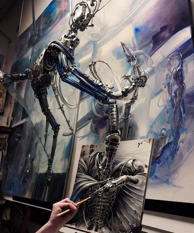 Image similar to photo of futuristic holy futuristic cyborg-robot-painter-artist creating a painting with acrylic paint and brushes in a futuristic artist studio by H.R Giger, by Ayami Kojima, Amano, Tom Bagshaw, Rene Margitte, Ryan Dening ,Hajime Sorayama , Eddie Mendoza , rich deep colors. masterpiece, intricate artwork by Tooth Wu and wlop and beeple, greg rutkowski. still from a 2021 movie by Terrence Malick, Tarkovsky, Gaspar Noe, James Cameron,