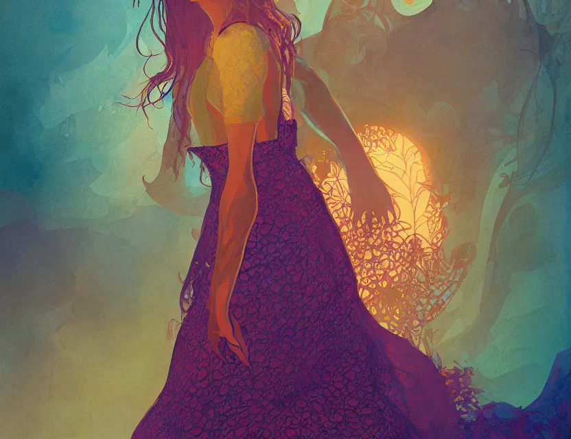 Prompt: girl in a lace dress in solarpunk atlantis. complementary colors, gouache, indie concept art, bloom, chiaroscuro, backlighting, intricate details.