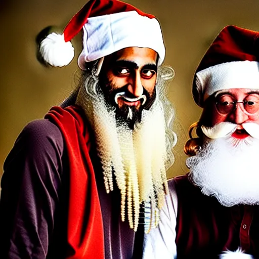 Image similar to uhd candid photo of bin laden and santa claus on skid row, making a dirty bomb. correct faces, intricate details, hyperdetailed, accurate faces. photo by annie leibowitz