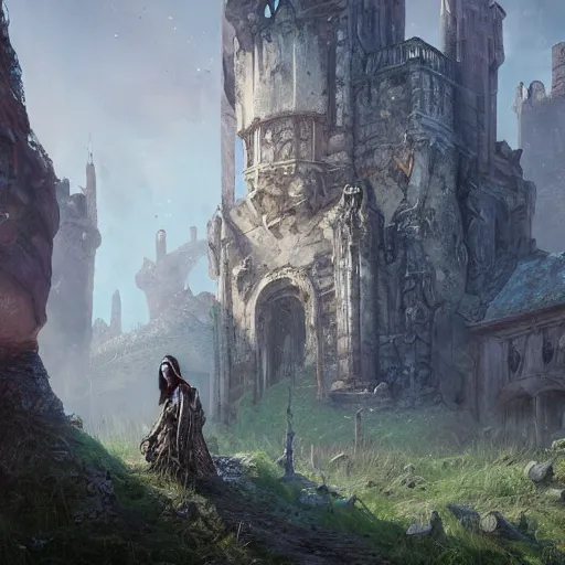 Prompt: a warlock in a ruined castle, au naturel, hyper detailed, digital art, trending in artstation, cinematic lighting, studio quality, smooth render, unreal engine 5 rendered, octane rendered, art style by klimt and nixeu and ian sprigger and wlop and krenz cushart