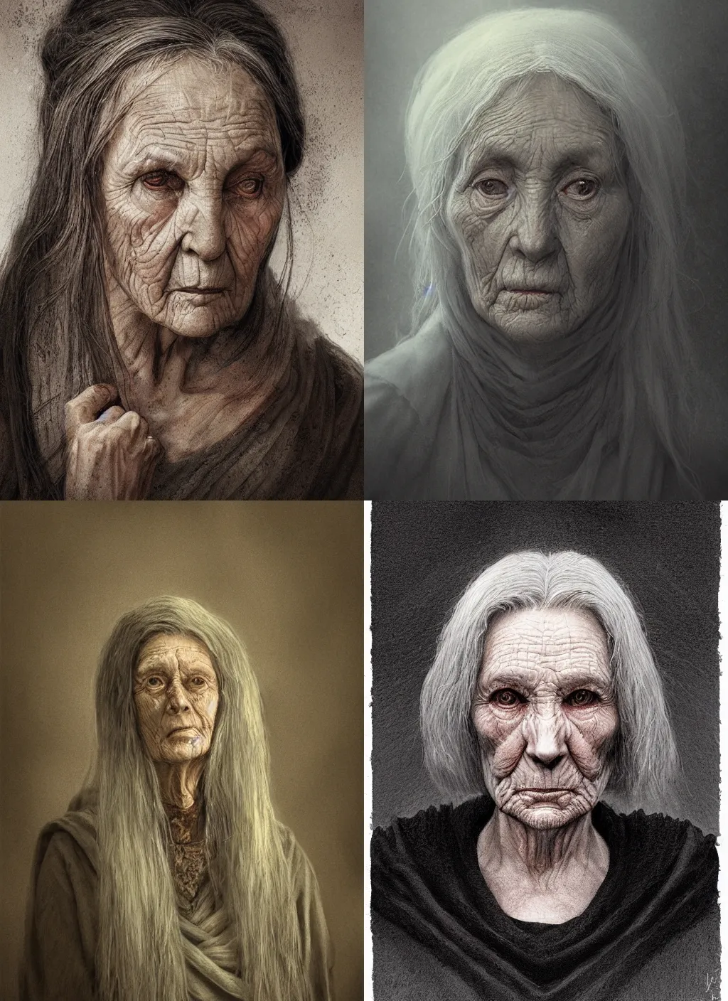 Prompt: portrait of a gentle and wise old woman with long hairs in alan lee and marc simonetti and emil melmoth style , cinematic lighting