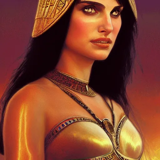 Image similar to a closeup portrait of a young natalie portman as cleopatra, gorgeous view, pyramid background, high detail, art by artgerm and greg rutkowski and alphonse mucha, digital art, trending on artstation