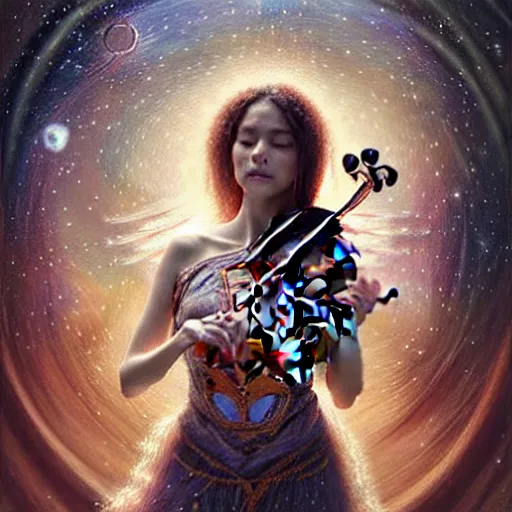 Prompt: a high quality life like portrait of a very very beautiful! celestial goddess of life playing a mystical geared violin and springing life into the universe, highly detailed, intricate, sharp focus, fantasy, mystical, dreamlike, by WLOP and greg rutkowski