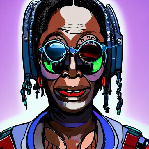 Image similar to cyberpunk robotic whoopi goldberg, sharp lines, digital, artstation, colored in