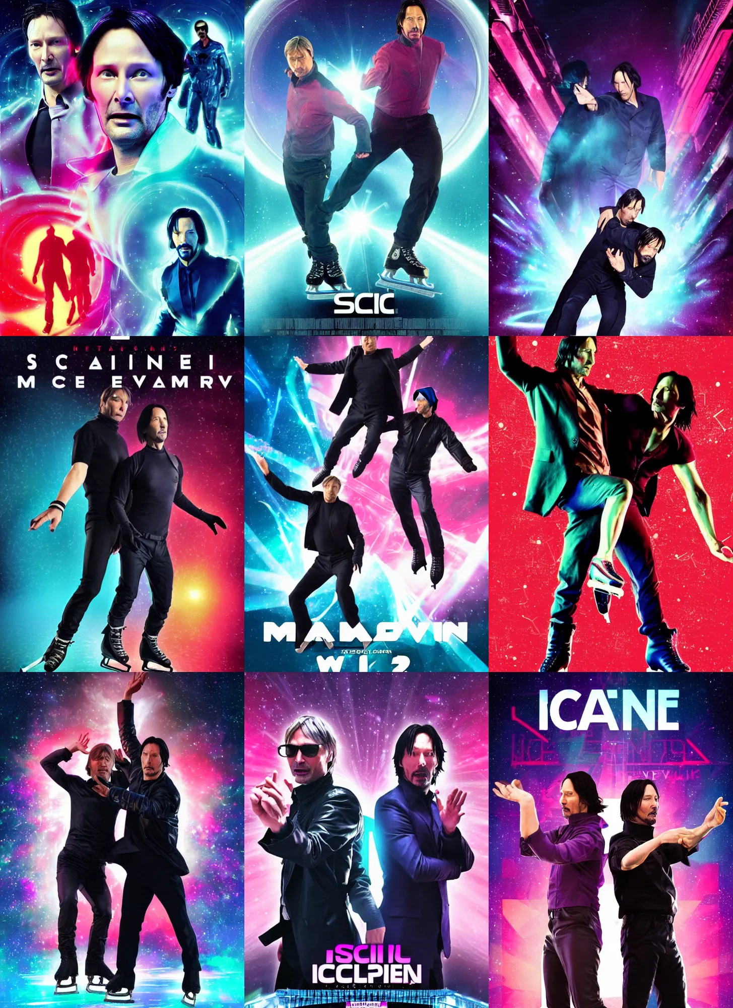 Prompt: sci-fi movie poster with Mads Mikkelsen and Keanu Reeves doing an iceskate choreography with each other, vaporwave style
