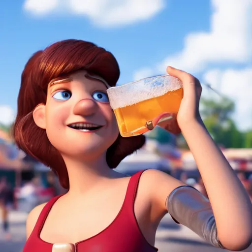 Prompt: exhausted young female bartender with brown hair serving people alcohol under the hot sun, 3d, pixar, hyper-realistic, 4k UHD