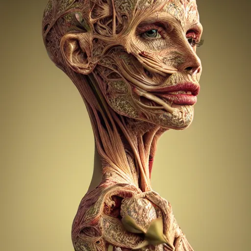 Image similar to beatifull face portrait of a woman, 150 mm, anatomical, flesh, flowers, mandelbrot fractal, facial muscles, veins, arteries, intricate, golden ratio, full frame, microscopic, elegant, highly detailed, ornate, ornament, sculpture, elegant , luxury, beautifully lit, ray trace, unreal, 3d, PBR, in the style of peter Gric , alex grey and Romero Ressendi