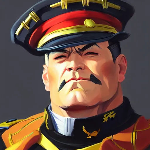 Image similar to Greg Manchess portrait painting of M. Bison as Overwatch character, medium shot, asymmetrical, profile picture, Organic Painting, sunny day, Matte Painting, bold shapes, hard edges, street art, trending on artstation, by Huang Guangjian and Gil Elvgren and Sachin Teng