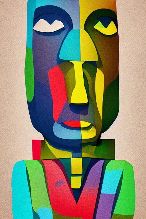 Image similar to cubist moai statue cutout digital illustration cartoon colorful beeple