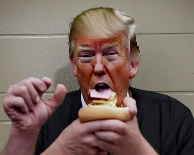 Prompt: Reuters Photograph of Donald Trump in jail cell, eating a cheeseburger, uhd, 8k, wide angle lense, fisheye.