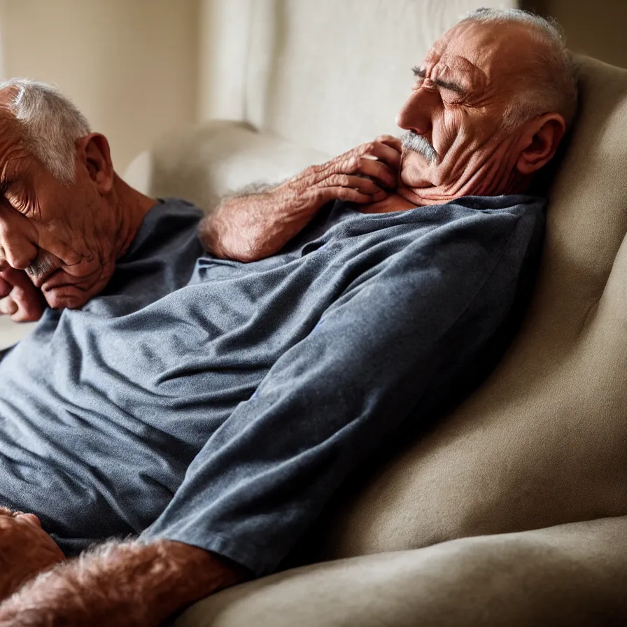 Image similar to photo of a 67 year old Romanian man falling asleep on the couch as he checks his pulse, National Geographic, photo, HD, 8k