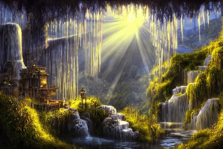 Image similar to gothic waterfall favela honeybee hive, art nouveau environment, crepuscular rays, industrial factory, award winning art, epic dreamlike fantasy landscape, ultra realistic,