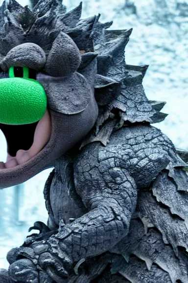 Image similar to very very intricate photorealistic photo of yoshi in an episode of game of thrones, photo is in focus with detailed atmospheric lighting, award - winning details