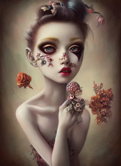 Image similar to pop surrealism, lowbrow art, realistic cute girl painting, japanese street fashion, hyper realism, muted colours, rococo, natalie shau, loreta lux, tom bagshaw, mark ryden, trevor brown style,