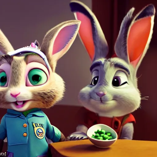 Image similar to Judy Hopps, the rabbit police officer from Zootopia, posing for a selfie with the evil human criminal Hannibal Lecter from Silence of the Lambs, over a plate of fava beans and chianti, mashup, 4k movie still