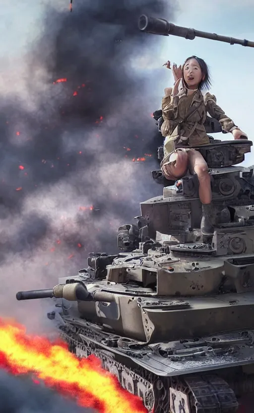 Prompt: war photo of a screaming female and asian tank commander getting outside of her vehicle, highly detailed, smoke and flames in the background, high resolution, cosplay photo, stunning, girls frontline style, bokeh soft, shot on 70mm, zenithal lightning, trending on instagram, by award winning photographer, realistic human anatomy, real human faces, realistic military carrier, soldier clothing, modern warfare, shot with a professional camera, low saturation, soldier clothing