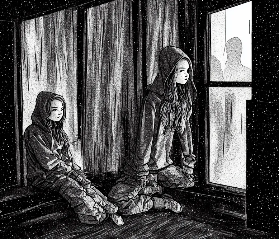 Image similar to sadie sink in hoodie sits on windowsill, knees tucked in | rain falls at night : storyboard, scifi cyberpunk. by joe alves, chris bonura. cinematic atmosphere, detailed and intricate, perfect anatomy