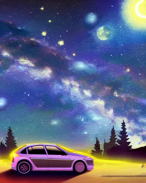 Image similar to there is a broken public car under the milky way, night scene, photography, fine details. night setting. trending on art station