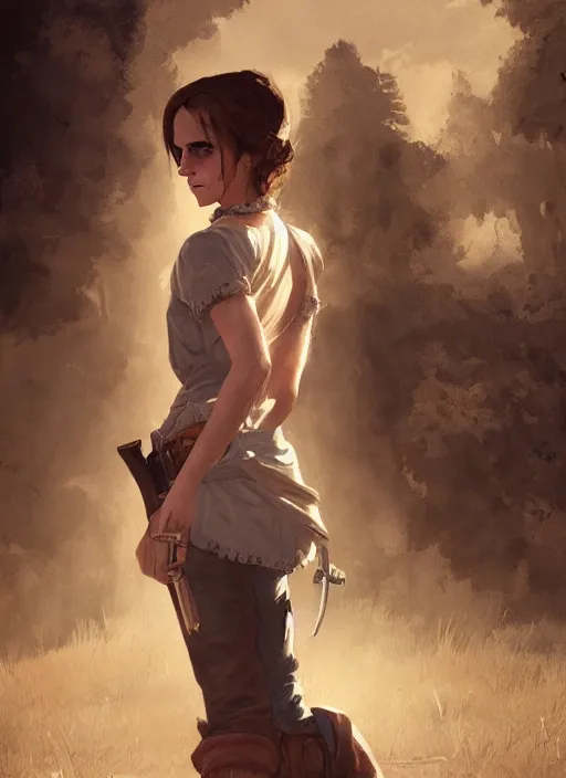Prompt: highly detailed full body portrait of emma watson red dead redemption art, horse back, unreal engine, fantasy art by greg rutkowski