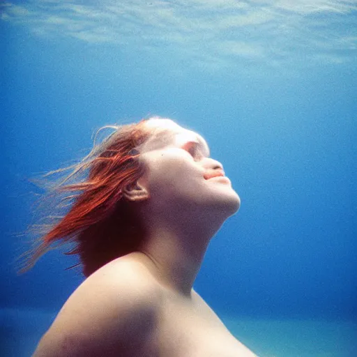 Image similar to colored photography, close-up from behind big chested woman swimming in under ocean at night, blue light, 35mm film,