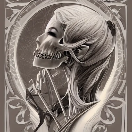 Image similar to anime manga skull profile young woman, skeleton, elf, galadriel, ethereal, unreal engine, intricate, elegant, highly detailed, digital art, art by JC Leyendecker and sachin teng