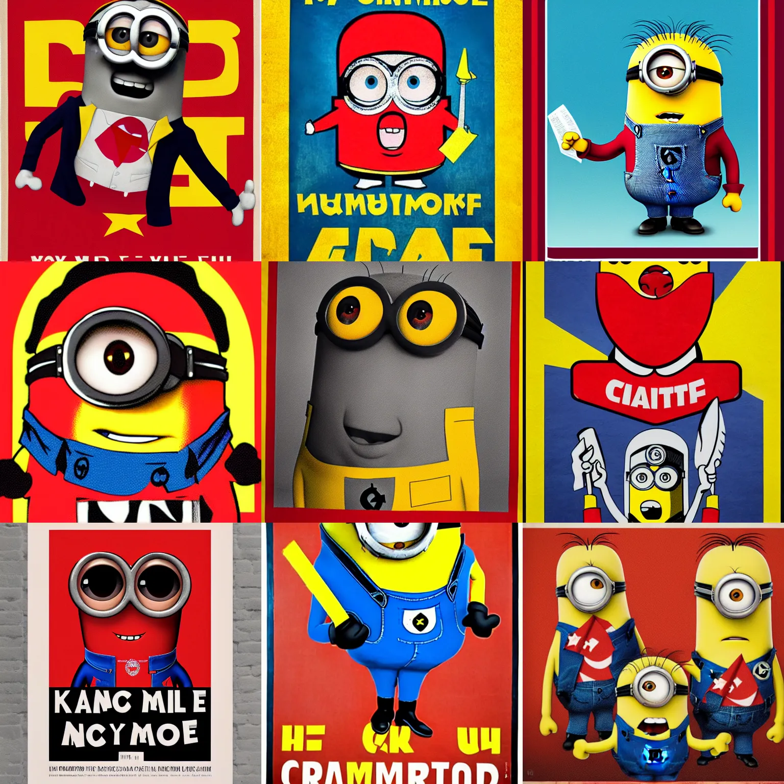 Prompt: Minion as a communist party leader on a propaganda poster, red and yellow