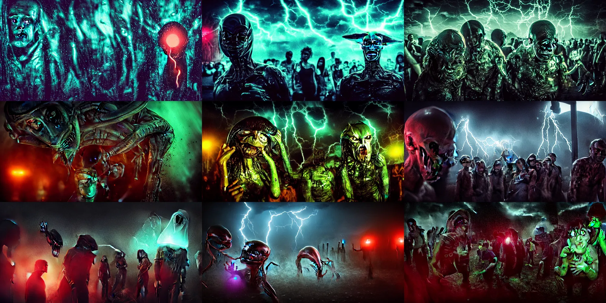 Prompt: alien encounter captured with a 3 5 mm photography, realistic, flash, pov, slime, veins, wet, nightmare in the park, small crowd of people, calamity, dark storms with lightning, 8 k, in a baroque style