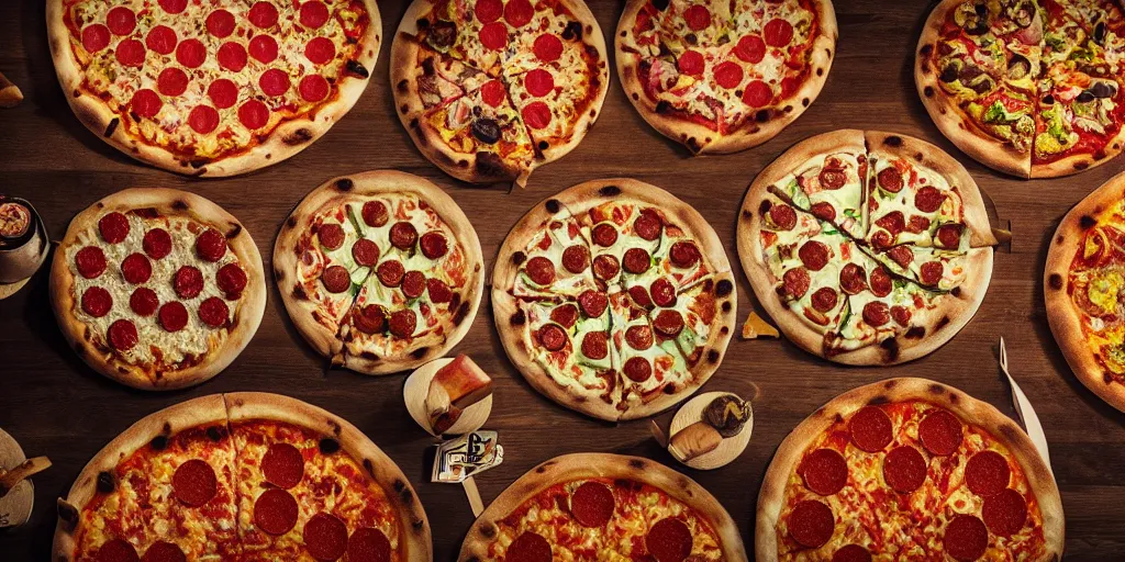 Prompt: a product picture of hundreds of pizzas, photographic filter, unreal engine 5, realistic, hyperdetailed, 8 k, cinematic, volumetric lighting, very realistic effect, hd, hdr, 4 k, sharp focus, octane render, ultra detailed, high resolution, trending on artstation in the style of albert dros glowing rich colors powerful imagery