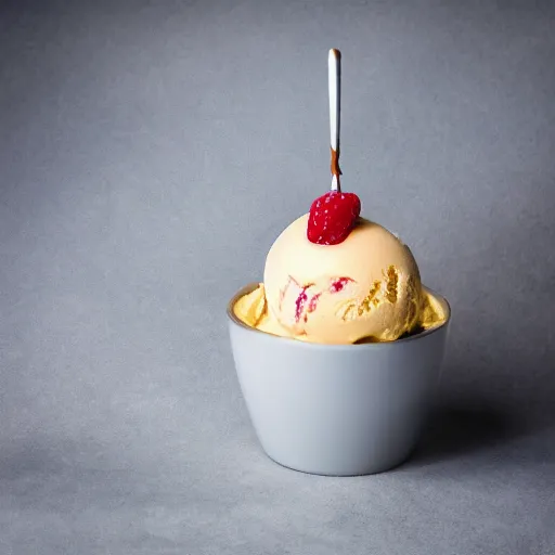 Prompt: extremely delicious looking photo of ice cream desert in cup, very expensive top quality product, michelin star, most perfect desert on the world, small manufacture, unique style, 8 k, product photography, professional studio photography