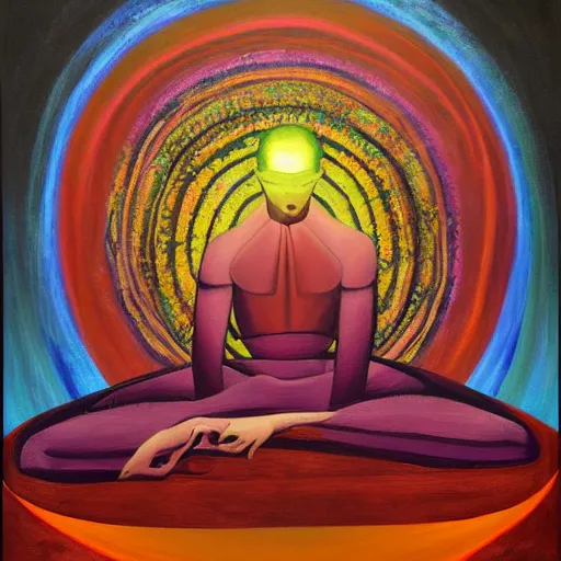 Prompt: an abstract painting that captivates the viewer, illusions, beautiful, fantasy, meditation. A monk meditates in the center to unlock his full potential