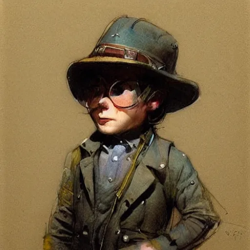 Image similar to (((((portrait of boy dressed as retro sciencepunk explorer in an actionpose . muted colors.))))) by Jean-Baptiste Monge !!!!!!!!!!!!!!!!!!!!!!!!!!!