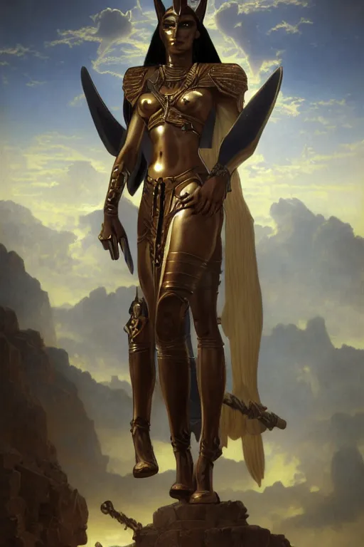 Prompt: Mystical Valkyrie, Portrait of a beautiful female Anubis warrior, Regal, Realistic, Refined, Detailed Digital Art, Oil Painting, William-Adolphe Bouguereau, Michael Cheval, Esao Andrews, Steampunk, Walt Disney (1937), Highly Detailed, Cinematic Lighting, Unreal Engine, 8k, HD