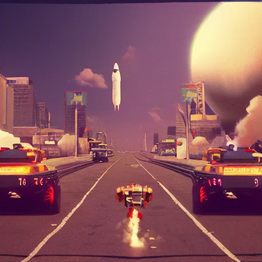 Image similar to SPACE INVADERS game as a city, bustling, rockets, atmospheric, hazy, sweltering, highly detailed, autochrome, 8k, reflections, octane render, unreal engine 5, art by Cézanne